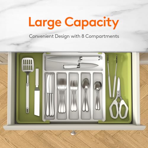 Lifewit Silverware Drawer Organizer, Expandable Utensil Tray for Kitchen, BPA Free Flatware and Cutlery Holder, Adjustable Plastic Storage for Spoons Forks Knives, 13-22 x 15", Green&White - color: Green&White, size: XL (13-22''W x 15''D)