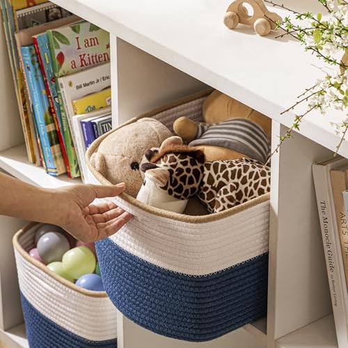 UBBCARE 4 Pack Baskets for Organizing, Woven Storage Baskets for Toys and Towel, Rectangle Cotton Rope Basket with Handles, 14''L x9''W x8''H, Navy Blue - color: White&Navy Blue, size: 4 Pack - 14 X 8 X 9 Inches