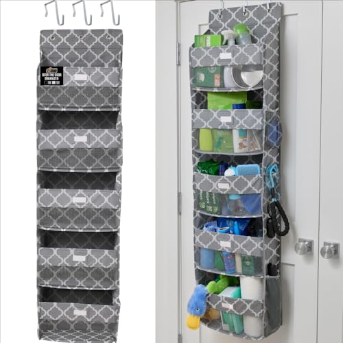 GORILLA GRIP Over The Door Organizer Storage, 5 Deep Hanging Shelves, Holds 50lbs, Closet Organizers Shelf for Bedroom, Shoes, Bathroom, Nursery, Dorm Essentials, 58x15 Inches, Quatrefoil - color: Gray Quatrefoil, size: 5 Shelf