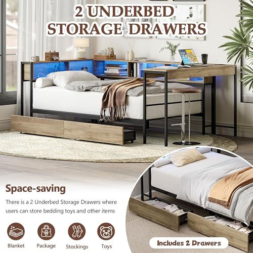 HRVEOCEI Corner Bed Frame Twin with Storage Bookshelf & Desk, U-Shaped Daybed Frame with 2 Drawers, Metal Corner Beds with Charging Station & LED Lights for Bedroom, Flip Left or Right (Grey, Twin) - color: Grey, size: Twin