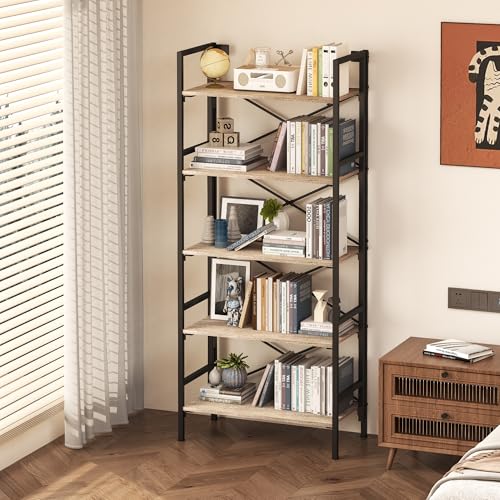 Homeiju Folding Bookshelf,5 Tier Bookcase Foldable Shelf with X-Bracket Design, Adjustable Feet, Space Saving Storage for Living Room, Office - color: Brownish, size: 5 Tier