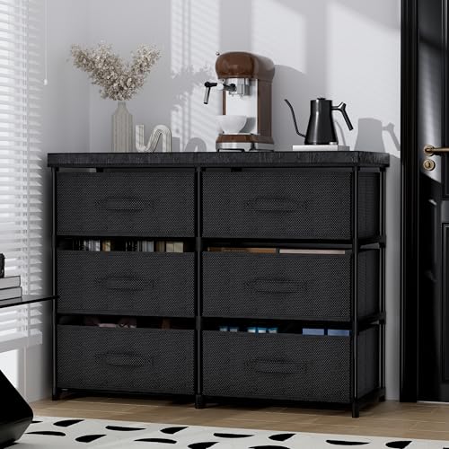 PPN Dresser with 6 Fabric Drawer Stand Desktop Sturdy Metal Plastic Support Tube Cube Storage Cabinet for Living Room, Bedroom Organization Dorm Front Hall Entryway Black