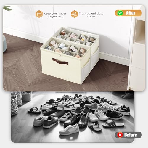 Budding Joy 2 Pack Shoe Organizer for Closet, Clear Foldable Shoe Storage Containers Adjustable Dividers Fits 16 Pairs,Shoe Storage Bins Baskets Boxes with Reinforced Handles Beige Yellow Beige - color: beige+beige-yellow