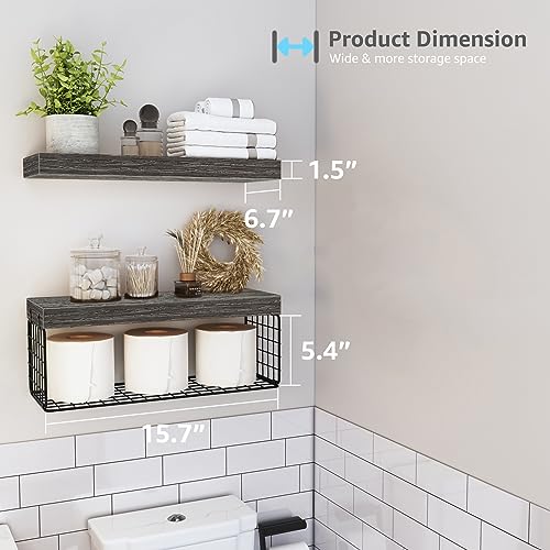QEEIG Bathroom Shelves Over Toilet - Wall Mounted Floating Shelves Toilet Paper Storage Small Farmhouse Decor Shelf 16 inch Set of 2, Grey (019-GY2) - color: D. Grey, size: 2pcs