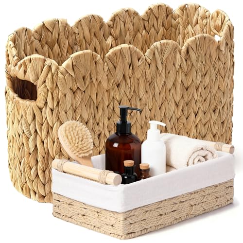 Toilet Paper Basket, 2 Packs Toilet Paper Storage Basket, Hand-Woven Wicker Bathroom Basket Organizer and Storage, Natural Water Hyacinth Slim Scalloped Basket Magazine Baskets
