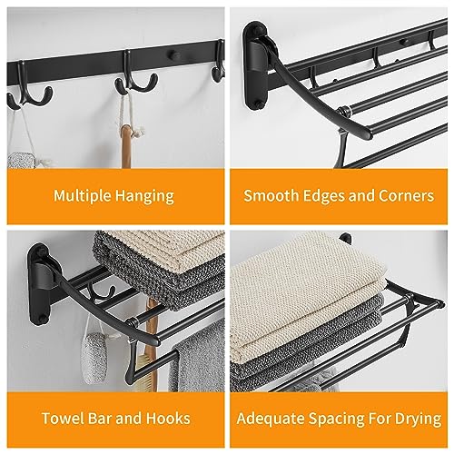 BESy 24 Inch Matte Black Towel Racks, Bathroom Towel Shelf with Foldable Towel Bar Holder and Towel Hooks, Wall Mounted Multifunctional Bathroom Accessories, Double Towel Bars - color: Matte Black