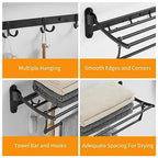 BESy 24 Inch Matte Black Towel Racks, Bathroom Towel Shelf with Foldable Towel Bar Holder and Towel Hooks, Wall Mounted Multifunctional Bathroom Accessories, Double Towel Bars - color: Matte Black