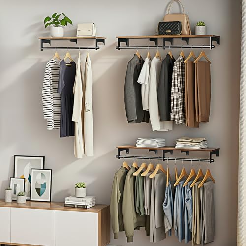 Luxspire Wall Mounted Clothes Rack, 43.3inch Clothing Racks with Top Shelf for Hanging Clothes, Heavy Duty Industrial Pipe Garment Rack, Laundry Room Shelves Closet Storage, Large - color: Black + Brown, size: 43.3inch