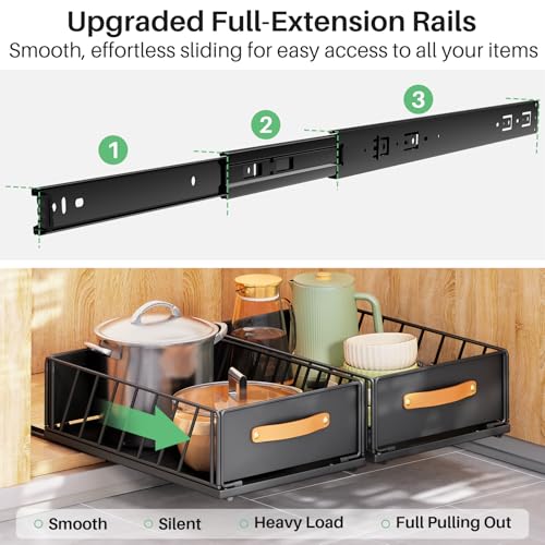 Pull out Cabinet Organizer,Heavy Duty Slide out Pantry Shelves Drawer Storage with Adhesive Nano Film,Sliding Mesh Cabinet Basket with Handle for Kitchen, Bathroom, Home, 13.8"W X 21"D X6.2"H,Black - color: Black, size: 13.8"Wide-21"Deep (1Pack)