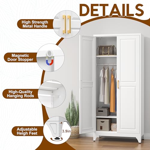 UNICOLY Armoire Wardrobe Closet with Doors, 71'' Wardrobe Cabinet with Hanging Rod, Metal Closet with 2 Adjustable Shelves for Bedroom School, Employee, Gym, Armarios De Ropa para Dormitorio, White - color: White, size: 71 Inch square-J with 0 Drawers