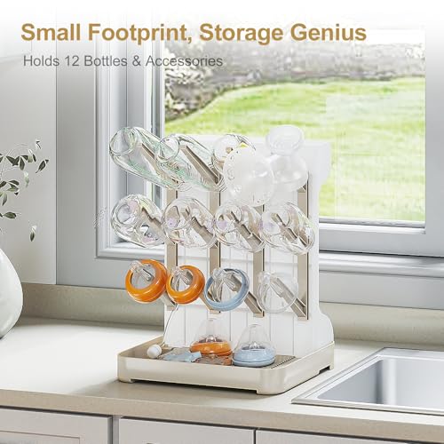 GoMaihe Baby Bottle Drying Rack: Space Saving Vertical Bottle Dryer Holder - Baby Accessories Storage Stand Organize Brushes Pacifiers on Countertop - BPA-Free - Beige - color: Beige