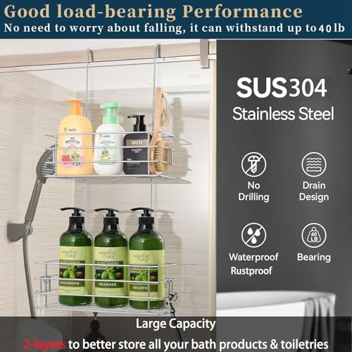 Hanging Shower Rack Shower Caddy with Rotatable Hook bar Over the Door and Can be Hung on the Faucet or Claw Foot, 304 Stainless Steel Rust Proof and Durable (Double-Layer) - color: Silver, size: 2-Tier