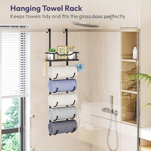 SWTYMIKI Over the Door Towel Rack - 6 Tier Towel Racks for Bathroom Wall Mounted, Towel Holder with Shelf, Hanging Rolled Towel Storage Organizer for Small Bathroom, Camper, RV, Black - color: Black, size: 6 Tier
