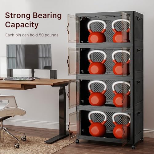 UAMFURI Stackable Storage Bins with Lids, 480QT Closet Organizers, Lockable Storage Cabinet，Foldable Storage Box with Doors and Wheels, Plastic Drawers for Home, Garage, Office (4, Black, Large) - color: Black, size: Large