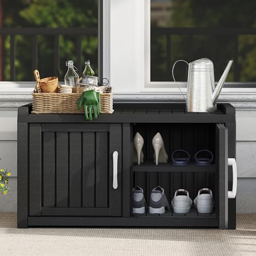 KAMABOKO Outdoor Shoe Storage Cabinet, Waterproof UV-Resistant Entryway Storage Bench Indoor Outdoor with 2 Barn Doors, Adjustable Shelves for Entryway, Bedroom, Hallway,Living Room(Classic Black) - color: Classic Black, size: Double Door