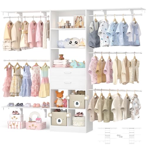 Besiost Closet System - 5-8FT Closet Organizer System with Wooden Drawers & Cube Storage Organizer, Up To 96" Closet Systems for Nursery & Walk-In Closets with Cuttable Hanging Shelving, White - color: White, size: 8 FT