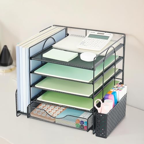 Desk Organizer with Drawer and Pen Holder, 5-Tier Paper Letter Tray Organizer with File Holder, Suitable for Workspace Organizer Office Supplies Storage (Black) - color: Black