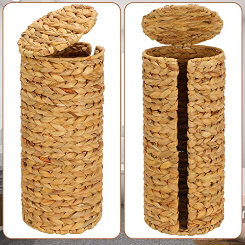Graciadeco Stand Paper Storage with Lid Spare Extra 3 Rolls of Toilet Tissue Holder Free Standing Water Hyacinth Wciker Toilet Paper Organizer Basket for Bathroom