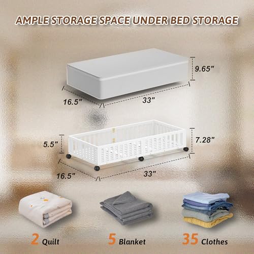 Bamboo Under Bed Storage Containers with Wheels, 2 Pack Large Under the Bed Shoe Storage Bins, Wood Rolling Underbed Drawers Organizer for Bedroom Closet Clothes Blanket Under Crib Toy White - color: White, size: 2 PCS (33.07"×16.54")