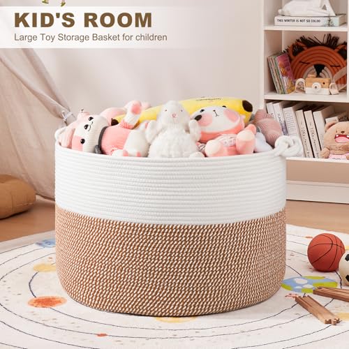 OIASKET XXL Large Blanket Storage Basket for Living Room, 105L Woven Cotton Rope Basket with Handles, Baby Toy Storage, Laundry Hamper for Clothes, Pillows, Towels-Yellow and White - color: Yellow & White, size: 105L