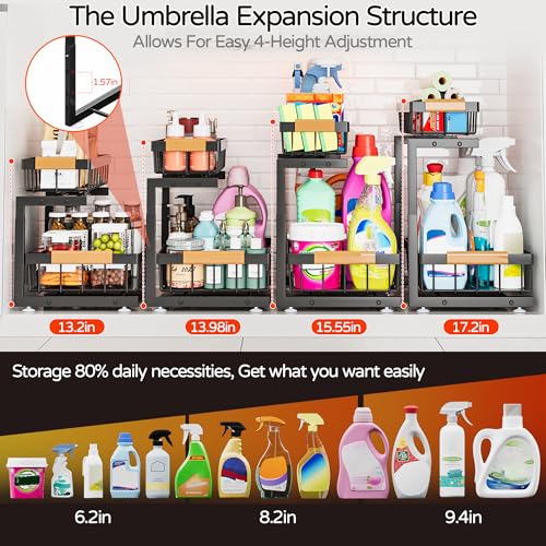 ADBIU Under Sink Organizer, 2 Pack 2 Tier Expandable Height (13.2" - 17.2") Pull out Kitchen Bathroom Cabinet Organizers and Storage Shelf - color: Black, size: Large Size