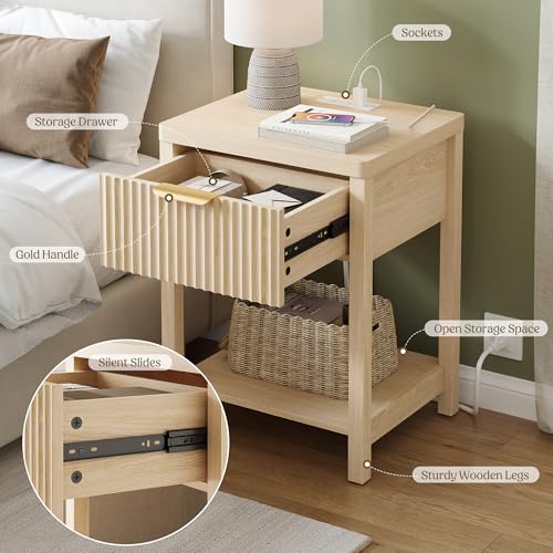 Lulive Night Stand Set 2, Fluted Nightstand with Charging Station, Wood Modern Bedside End Table with Storage Drawer for Bedroom, Save Space (Set of 2, Natural Oak) - color: Natural Oak, size: 1 Drawer-Set of 2 Nightstand