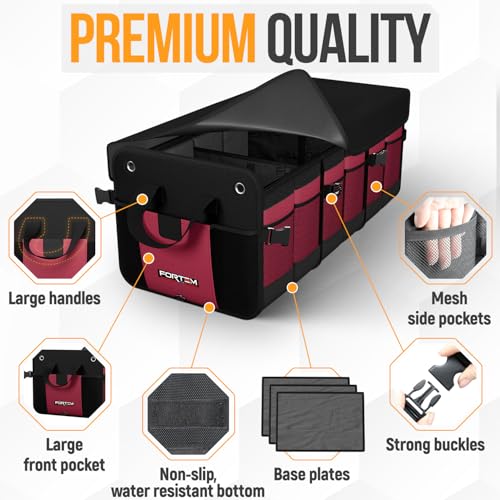 FORTEM Trunk Organizer with Cooler For SUV Car Organizer and Storage, Collapsible Multi-Compartment, Perfect Christmas Gifts For Men, Women, 1680D Oxford, Non Slip Bottom, Straps, Soft Cover 110L - color: Red, size: Double Extra Large (110L)