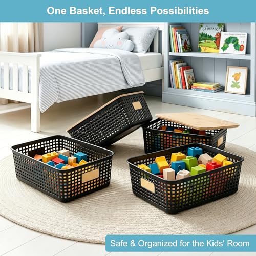Bagnizer 4 Pack Plastic Storage Bins with Bamboo Lids, 6.2qt Stackable Storage Organizer Box with Lable for Pantry Shelves Drawers Desktop Office, 12"L x 8.5"W x 3.5"H, Black - color: Black, size: Shallow- 4 Pack