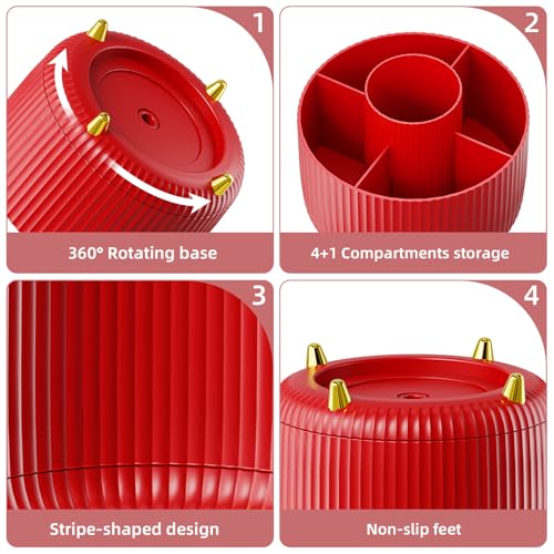 Marbrasse Desk Organizer, 360-Degree Rotating Pen Holder for Desk, Desk Organizers and Accessories with 5 Compartments Pencil Organizer, Art Supply Storage Box Caddy for Office, Home (Red) - color: Red