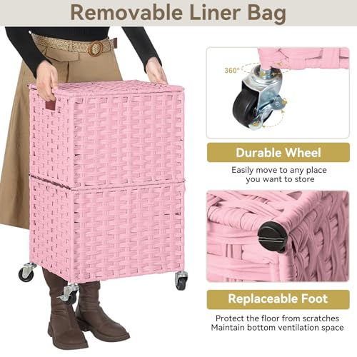 Chrislley 90L Slim Laundry Hamper with Wheels, Rolling Laundry Basket with Lid and Renovable Liner Bag, Handwoven Rattan Organizer for bedroom, bathroom, laundry room (Pink) - color: Pink