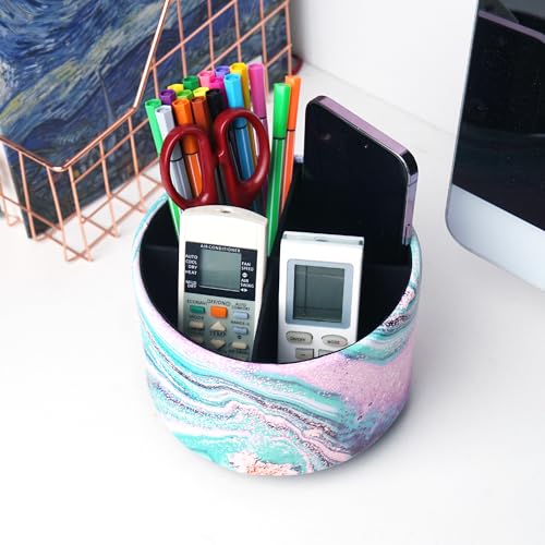 Round Leather Art Supply Organizer,Remote Control Holder,360-degree Rotating Pen Organizer with 4 Compartments(1-Pink Green Splash Ink) - color: 1-Pink Green Splash Ink