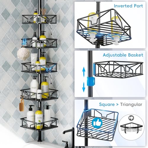 Skycarper 5 Tier Adjustable Corner Shower Caddy Organizer with Hooks,Rustproof Tension Pole 62-116 Inch, Black - color: Black