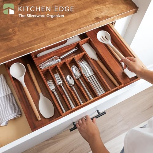 KitchenEdge Premium Silverware, Flatware and Utensil Organizer for Kitchen Drawers, Expandable 14.5 to 25 Inches Wide, 10 Compartments, Food-Safe Premium Acacia Wood Finish Kitchen Storage Tray - color: Natural Acacia, size: From 14.5" to 25" wide
