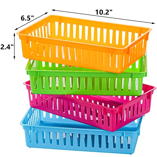 DEAYOU 16 Pack Classroom Storage Baskets Bins, Small Plastic Organizer Basket, Colorful Storage Trays, Crayon Pencil Containers for Paper, Desk, Shelf, Home School Office, 10.2" L x 6.5" W x 2.4" H