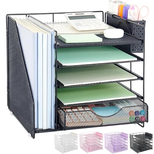 Desk Organizer with Drawer and Pen Holder, 5-Tier Paper Letter Tray Organizer with File Holder, Suitable for Workspace Organizer Office Supplies Storage (Black) - color: Black