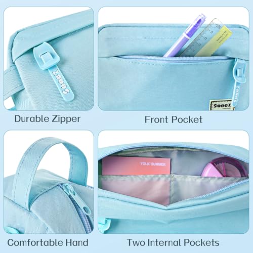 Sooez Original High Capacity Pencil Case, Big Pencil Bag Pouch Box Organizer Pen Case, Aesthetic Supply for Girls Adults, Portable Journaling Supplies with Easy Grip Handle & Loop, Blue - color: Light Blue