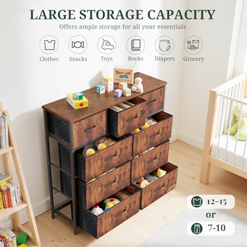 9-Drawer Dresser for Bedroom, Anti-Tip Tall Storage Organizer Chest of Drawers with Wooden Top and Metal Frame Fabric Bins for Closet, Living Room, Hallway, Entryway, Brown - color: Brown, size: 11.8"D x 39.4"W x 40"H (9 Drawers)