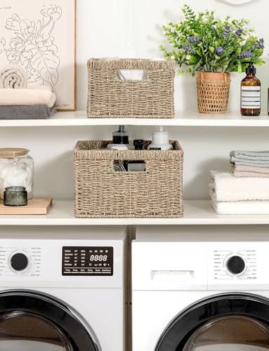 StorageWorks Wicker Storage Baskets, Handwoven Seagrass Basket for Organizing, Decorative Wicker Baskets with Built-in Handles, Set of 2 - color: Natural (Seagrass), size: 11½"L x 11½"W x 7"H + 9¾"L x 9¾"W x 6½"H