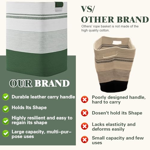 Laundry Hamper, 85L Tall Laundry Basket with Leather Handles, Rectangle Large Clothes Hamper for Organizing, Cotton Woven Laundry Baskets Storage Hampers for Bedroom, Nursery, Living Room - color: Green, size: 85L