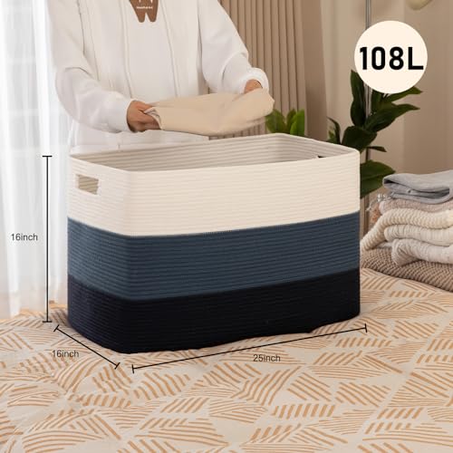 OIAHOMY 108L Super Large Blanket Basket, 25”x16”x16” Rectangle Woven Baskets for Storage, Cotton Rope Basket For Living Room, Toy Storage with Handle - Gradient Blue - color: Gradient Blue