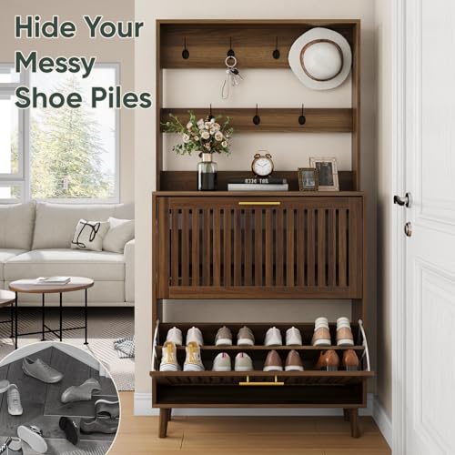 Smart FENDEE Shoe Cabinet for Entryway with 2 Flip Drawers & Coat Rack, Narrow Hidden Shoe Storage Cabinet with Slatted Panel, 2-in-1 Hall Tree Freestanding Shoe Rack Organizer for Hallway, Walnut - color: Walnut, size: Double Layer With Rack