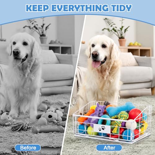 Mimorou 3 Pack Metal Dog Toy Baskets Multi-sized Foldable Dog Toy Bins Box Storage Container Organizer for Living Room Area Decorative Pet Accessories Coat Clothing Storage Holder Baskets(White) - color: White