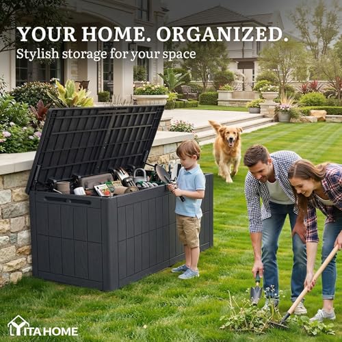 YITAHOME 134 Gallon Large Outdoor Storage Box with Lock, Waterproof Deck Box with Hydraulic Piston for Garden Tools, Pool Accessories & Cushions, Resin Deck Organizer with Bench Seat(Dark Gray) - color: Dark Gray, size: 134 Gallon, style: Deck Box