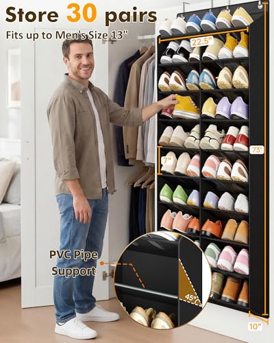 30 Pairs over the Door Shoe Organizer, 10 Tiers Shoe Rack for Door with Wider & Deeper Pockets (Fit Men's Size 14), Hanging Shoe Holder Storage for Closet, Bedroom, Bathroom, Black - color: Black