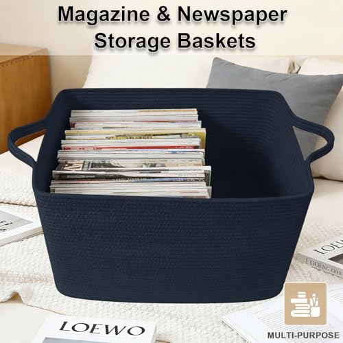 Large Blanket Basket,Woven Rope Basket Storage Bin with Handles,65L Rectangle Laundry Basket for Magazines,Toys,Clothes,Newspaper Shelf Organization,Nursery and Living Room,Navy - color: Navy, size: 21"x16"x12"(65L)