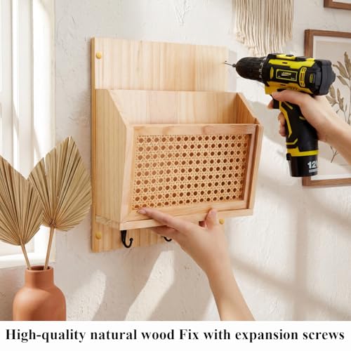 Rattan Mail and Key Holder Wall Mounted, Wood Magazine Mail Sorter Rack Wall Organizer with 2 Slots 3 Hooks for Coat, Dog Leash, Decorative Key Rack for Entryway,Living Room(Natural)