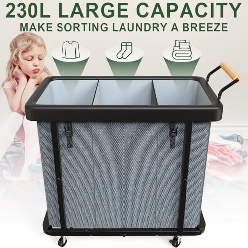 230L (60 Gal) Extra Large Fashion Laundry Sorter 3 Section with Lid, Rolling Laundry Basket Hamper with Handle, Laundry Organizer Storage Cart with Sturdy Metal Frame for Laundry Room, Hotel, Grey - color: Gray-3 Setion, size: 230L