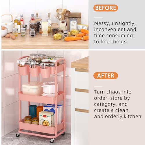 JIUYOTREE 3-Tier Plastic Rolling Storage Cart Utility Cart with Extra Hanging Cups Handles Lockable Wheels for Living Room Bathroom Kitchen Office Pink - color: Pink, size: 3-Tier