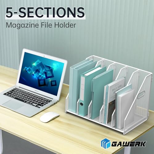 MINDEPOT Desk File Organizer Metal Desk Magazine Folder Holder with 5 Vertical Compartments Rack File Organizer for Office, Home, School (White) - color: White