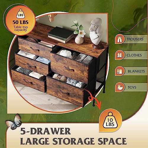 WLIVE Dresser for Bedroom with 5 Drawers, Wide Chest of Drawers for Bedroom, Fabric Dresser for Living Room, Closet, Hallway, Rustic Brown Wood Grain Print - color: Rustic Brown Wood Grain Print